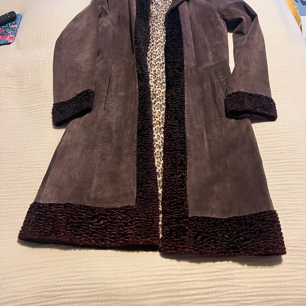 Margaret Godfrey Brown Suede Long Coat faux fur collar/trim gorgeous sz petite 6 - Picture 2 of 8